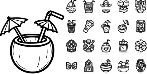 Tropical Summer Vacation Icons Set in Black and White Hand Drawn Line Art Style, Featuring Coconut Cocktail Drinks and Holiday Symbols © pixsource