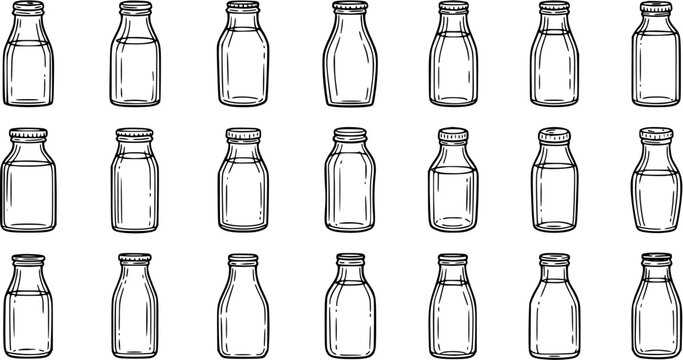 Food  Drink Industry: Hand-drawn Black and White Line Art Illustration of Various Milk Bottles and Glass Containers. Ideal for Dairy, Beverage, and Packaging Concepts.