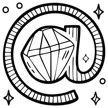 Doodle Diamond with @ symbol. Gem inside email sign, isolated graphic, outline style drawing, stylized icon for print and web
