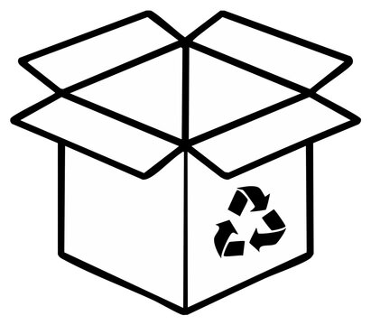 Open cardboard box with recycling symbol illustration line art