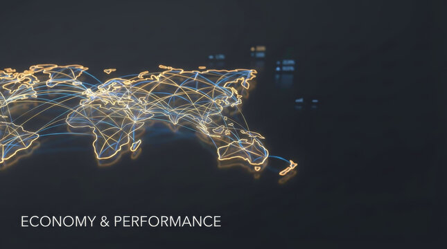 Global economic market data analytics and geopolitics visualization showing world map network connections for financial crisis monitoring and international trade performance tracking background.