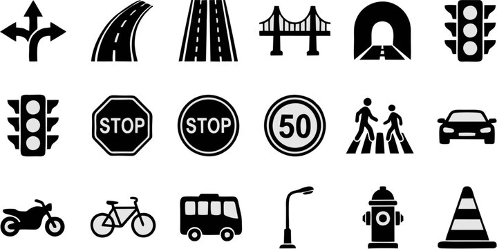 Comprehensive vector icon set featuring essential road signs, traffic regulations, urban transportation, and street infrastructure elements for design and navigation concepts