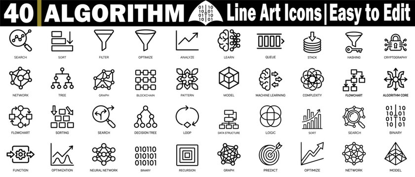 Algorithm line icons set. Collection of search, sort, filter, optimize, analyze, learn, queue, stack, hashing, cryptography, network, tree graph, blockchain, pattern model, vector illustration.