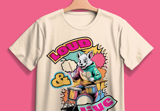 Cartoon Wolf Drummer Loud Typography T Shirt Design Illustration