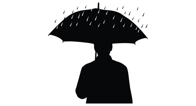 A person with an umbrella stands in the rain a dark silhouette