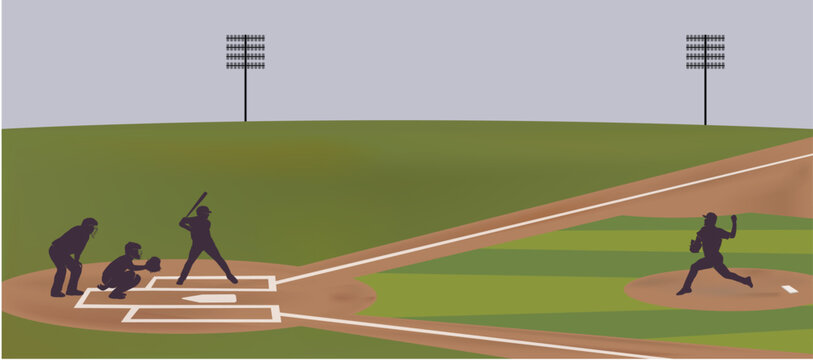 Baseball stadium scene with batter pitcher umpire vector illustration