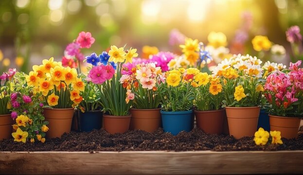 Row of colorful potted spring flowers on a wooden ledge with rich soil and warm golden sunlight, cheerful and vibrant mood