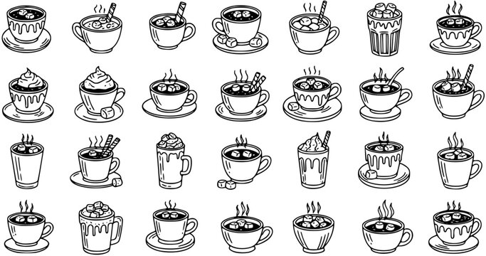 Food  Drink Hot Chocolate and Coffee Mugs Collection - Hand Drawn Black  White Line Art Doodle Cups with Marshmallows and Whipped Cream Icons Set
