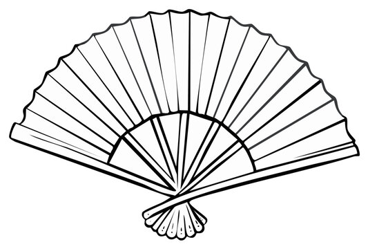 Elegant Handheld Fan Outline Drawing with Pleated Fabric and Wooden Ribs