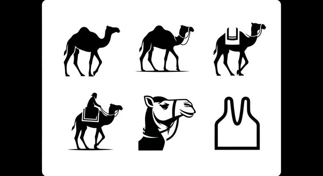 Camel Icons Set: Silhouette, Rider, Head, and Saddle