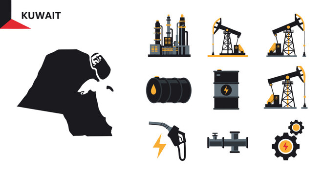 Kuwait Oil Industry Icons: Map, Pumpjacks, Refinery, Barrels, Nozzle