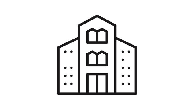 Minimalist black line vector icon illustration of a building with a central peaked roof, arched windows, and side wings, perfect for representing architecture, school, office, or urban structures.