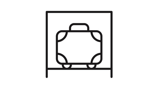Minimalist black vector icon illustration of a suitcase inside a storage locker or luggage compartment, clean line art symbol for travel, baggage storage, airport services, and transportation.