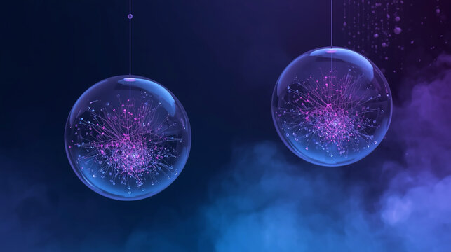 Dual brain network globes, neon connective flow, holographic spheres, neural network concept, bio digital twin, connectors visualisation, quantum biology theme, glowing data droplets