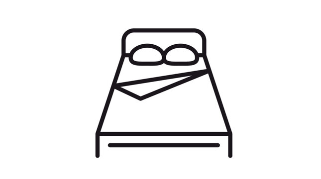 Double bed vector icon with two pillows and a folded blanket, minimalist black line art illustration for bedroom furniture, hotel accommodation, sleep, and interior design concepts.
