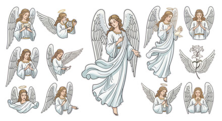 Collection of Angel Illustrations: Serene Figures with Wings and Halos © malika