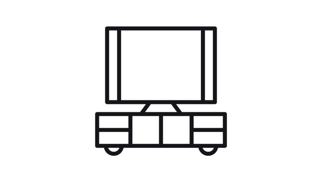 Black vector icon illustration of a modern flat screen television set sitting on a stylish media console or TV stand with drawers and cabinets, isolated on a white background.