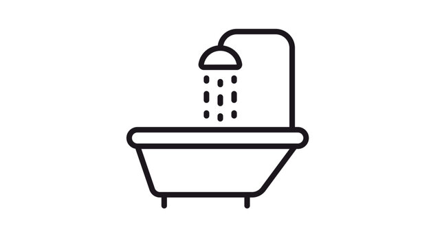 Minimalist black line vector icon of a bathtub with a shower head spraying water, clean bathroom symbol for hygiene, relaxation, and self-care, scalable graphic illustration for design projects.