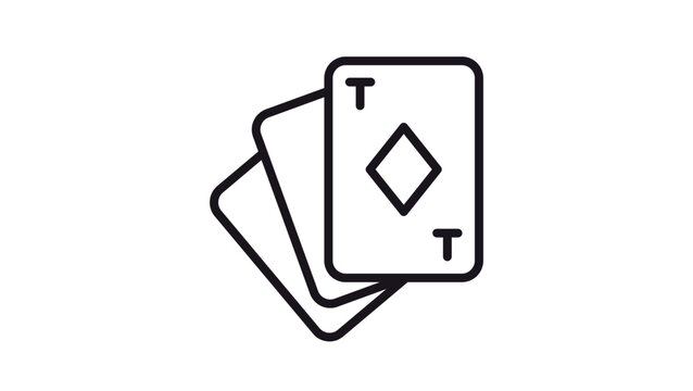 Black line vector icon illustration of three playing cards fanned out with an ace of diamonds on top, representing gambling, casino games, poker, bridge, and leisure tabletop entertainment.