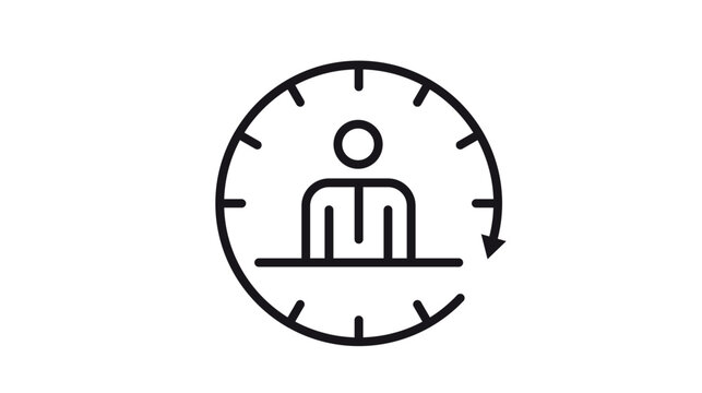 Minimalist black line vector icon of a person at a desk surrounded by a circular clock with an arrow, symbolizing 24/7 support, shift work, time management, and employee scheduling.