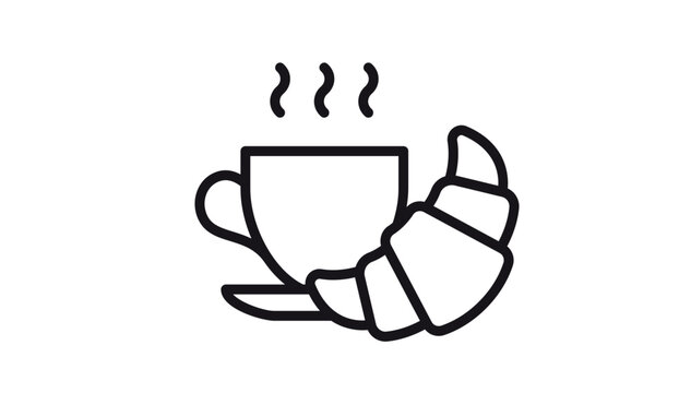 Black line art vector icon illustration of a steaming hot cup of coffee or tea served with a fresh croissant, perfect for cafe menus, breakfast branding, and morning snack graphics.