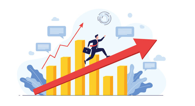 Motivated businessman running along rising red arrow on top of yellow bar chart symbolizing fast career growth and success.