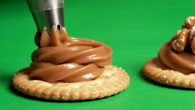 Smooth Peanut Butter Piped onto Round Crackers with Walnuts on a Vibrant Green Background with a Seamless Looping Motion