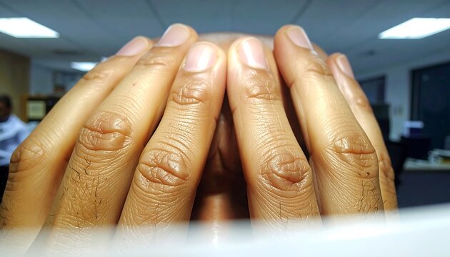 Closeup of dry and cracked knuckles on a persons hand in an office setting with blurred background