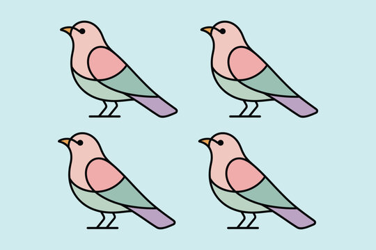 Four minimalist pastel bird outlines, side view, light background