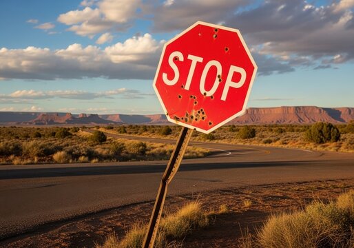 Desert landscape with stop sign on side of road and mountain range in distance under blue sky