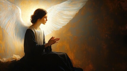 Fototapeta premium Seated angel with luminous feathered wings bathed in golden light, dark flowing robe, hands raised in gentle blessing, serene and contemplative atmosphere