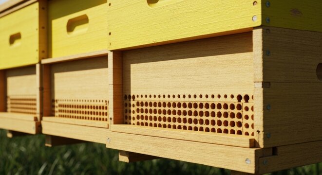 Close-up of wooden bee hives, painted yellow, with ventilated openings