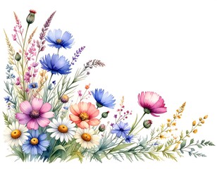 Watercolor depiction of a vibrant floral arrangement featuring various wildflowers and foliage, set against a white background © BAKWAN