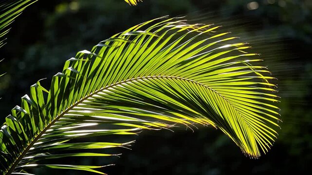 Green palm leaf frond with sunlight and nature background