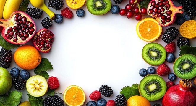 vibrant fresh fruit frame of pomegranate halves, kiwi slices, orange rounds, assorted berries, banana, apple and green leaves evoking freshness and abundance
