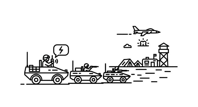 Military convoy with jet fighter and airbase, modern warfare concept