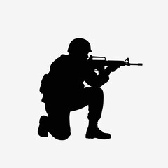 Fototapeta premium Silhouette of a soldier kneeling with a rifle, ready to fire, military action concept