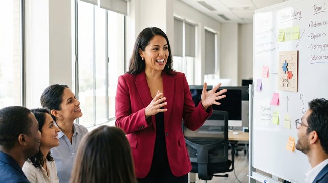 Confident Hispanic woman leading collaborative office workshop, presenting ideas at whiteboard to engaged coworkers in bright modern meeting room, energetic and professional atmosphere
