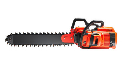 Naklejka premium A vibrant orange chainsaw with a black handle and chain on transparent background