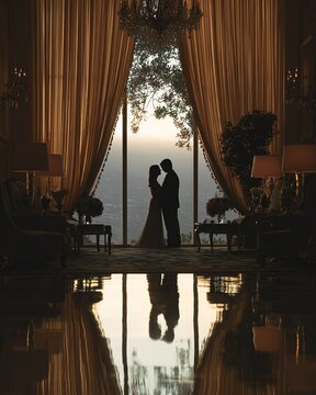 Silhouette of Bride and Groom in Luxury Ballroom at Sunset