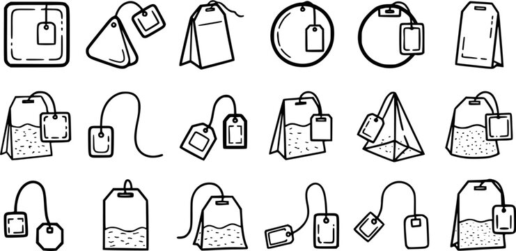 Black and White Line Art Icons of Various Tea Bags for Beverage and Food Industry
