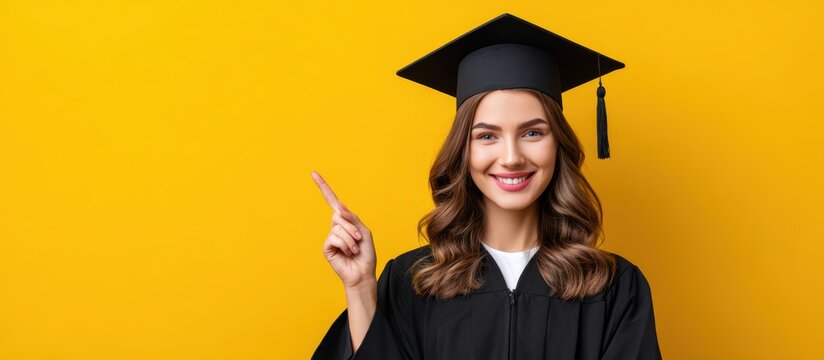 Graduate woman with a diploma shows a victory gesture on a yellow background