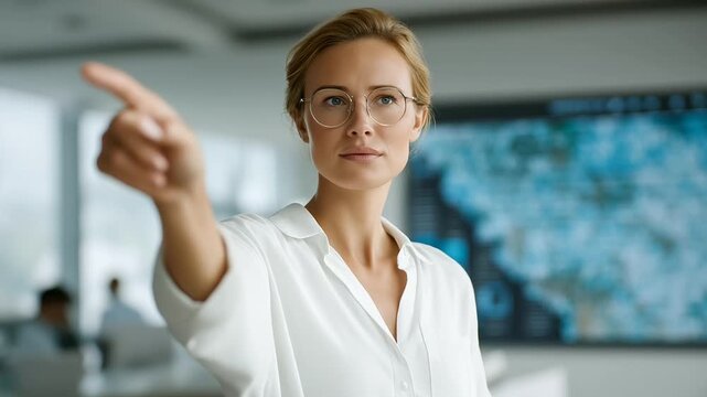 female analyst explaining sustainable development goals with BCG infographic on interactive wall display soft beeps modern eco friendly office atmosphere three quarter wide angle