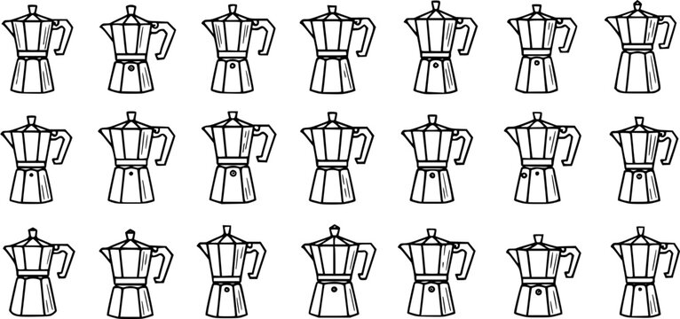 Black and White Line Art Moka Pot Coffee Makers Seamless Pattern - Outline Italian Espresso Percolators Kitchen Utensil Vector for Food  Beverage