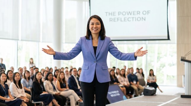 Woman speaker in blue blazer welcomes audience with open arms during professional seminar on reflection, confident presentation and leadership in bright conference room
