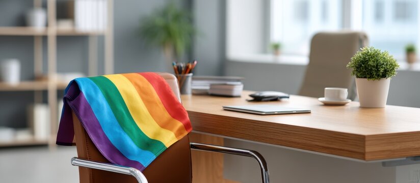 Rainbow flag draped over an office chair in a modern, welcoming workspace setting