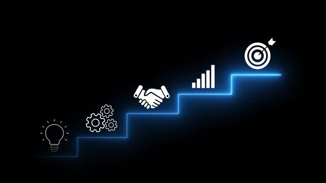 Business growth, success strategy animation with icons on black background. 2D motion graphic showing idea, teamwork, progress and goal for corporate video editing.