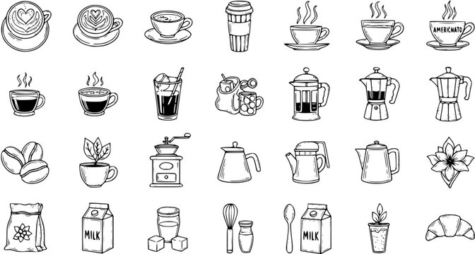 Hand-drawn Black  White Line Art Coffee Icons Set. Doodle Outline Cafe Elements with Drinks, Makers, Beans, and Pastries for Food  Beverage Industry.