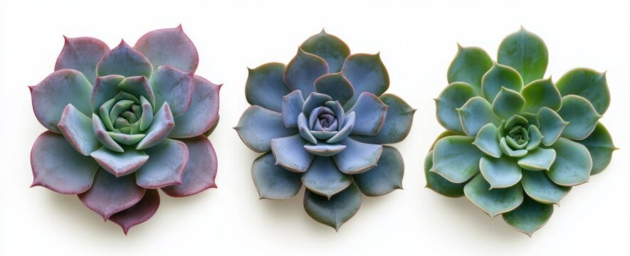 three rosette succulents with bluish-green leaves and pink-tinted edges on white background, top-down minimalist serene arrangement