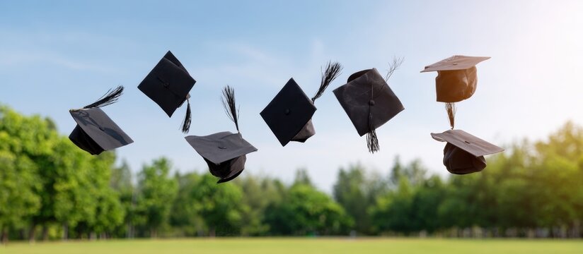 Graduating class in caps throwing their hats into the air celebrating achievement